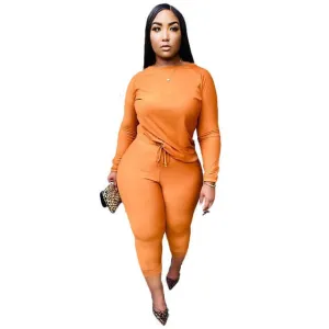 Active wear -women solid color two piece set long sleeve tops and pants suit