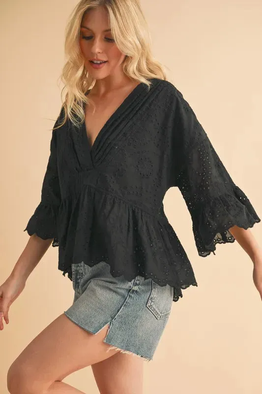 Aemi Co Flounce Sleeve Eyelet Peplum Top