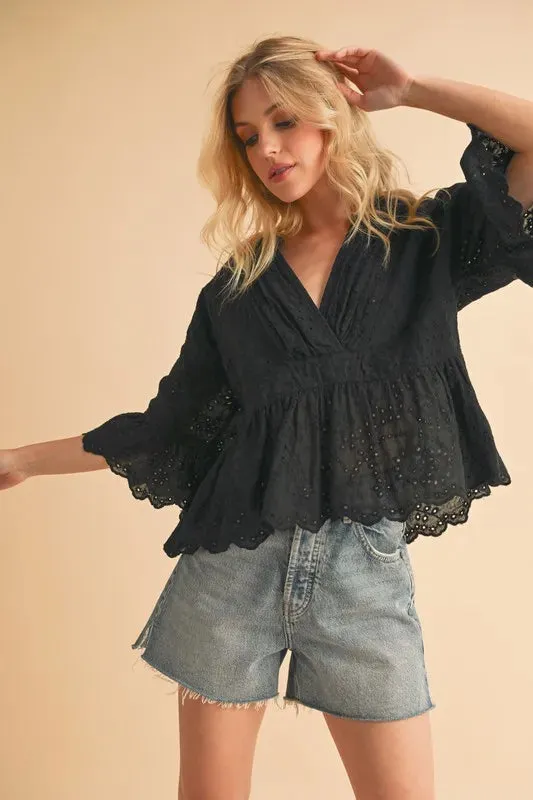Aemi Co Flounce Sleeve Eyelet Peplum Top