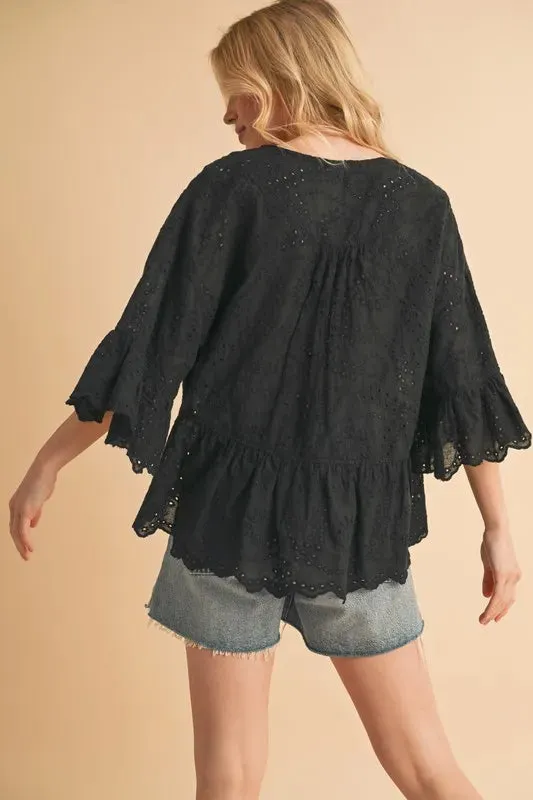 Aemi Co Flounce Sleeve Eyelet Peplum Top