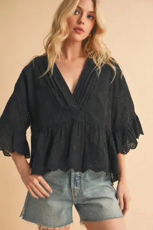 Aemi Co Flounce Sleeve Eyelet Peplum Top
