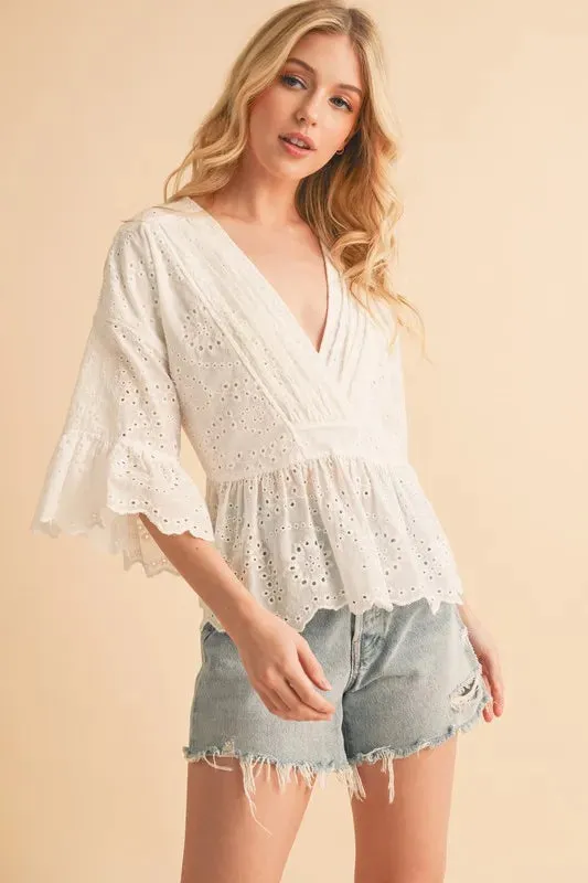 Aemi Co Flounce Sleeve Eyelet Peplum Top