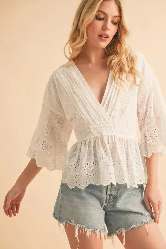 Aemi Co Flounce Sleeve Eyelet Peplum Top