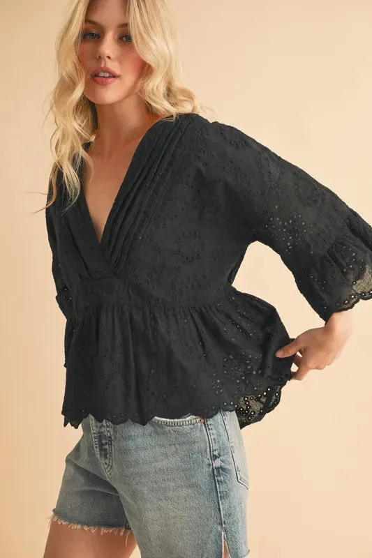 Aemi Co Flounce Sleeve Eyelet Peplum Top