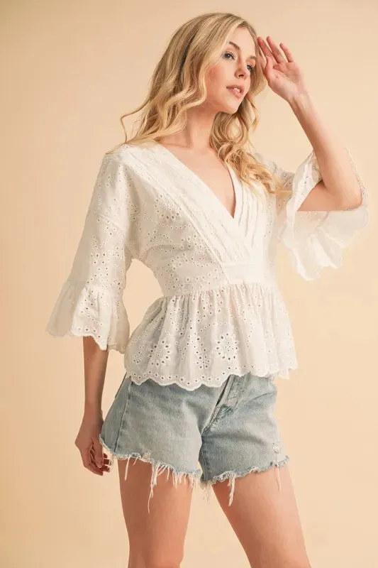 Aemi Co Flounce Sleeve Eyelet Peplum Top