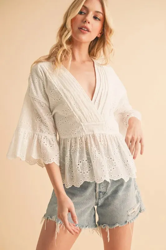 Aemi Co Flounce Sleeve Eyelet Peplum Top
