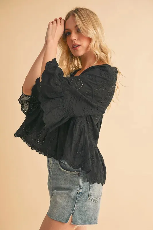 Aemi Co Flounce Sleeve Eyelet Peplum Top