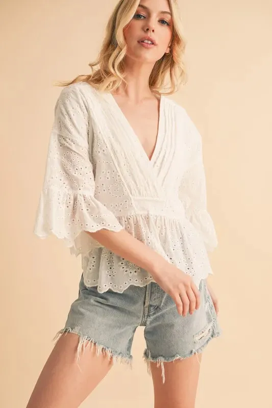 Aemi Co Flounce Sleeve Eyelet Peplum Top