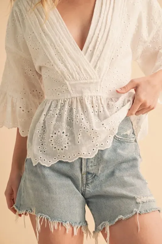 Aemi Co Flounce Sleeve Eyelet Peplum Top