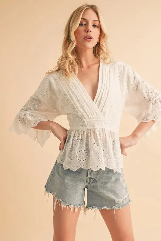 Aemi Co Flounce Sleeve Eyelet Peplum Top