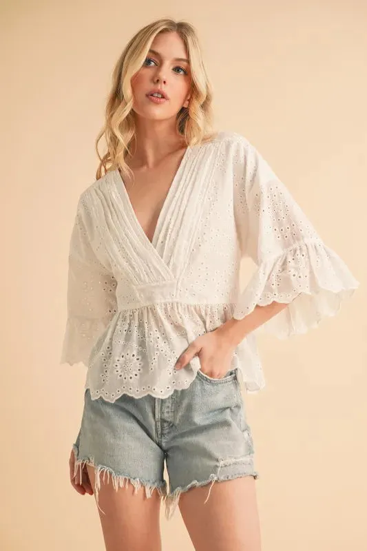 Aemi Co Flounce Sleeve Eyelet Peplum Top