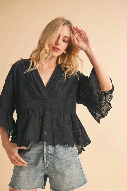 Aemi Co Flounce Sleeve Eyelet Peplum Top