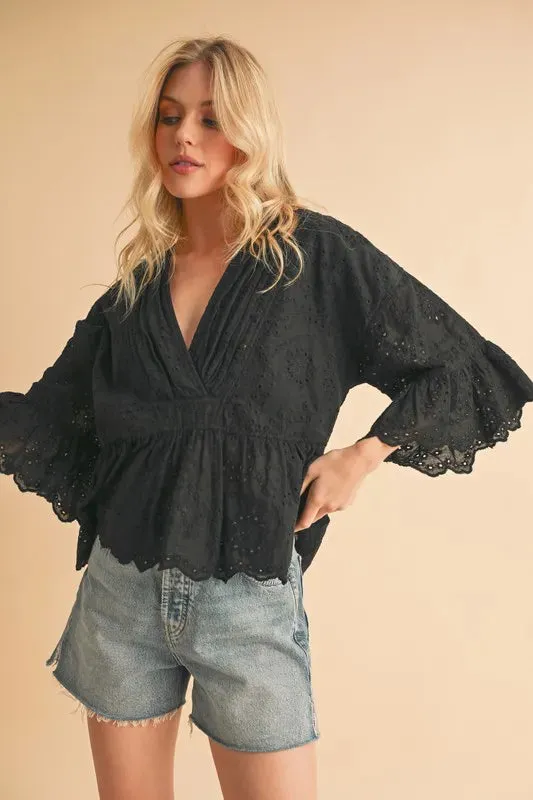 Aemi Co Flounce Sleeve Eyelet Peplum Top