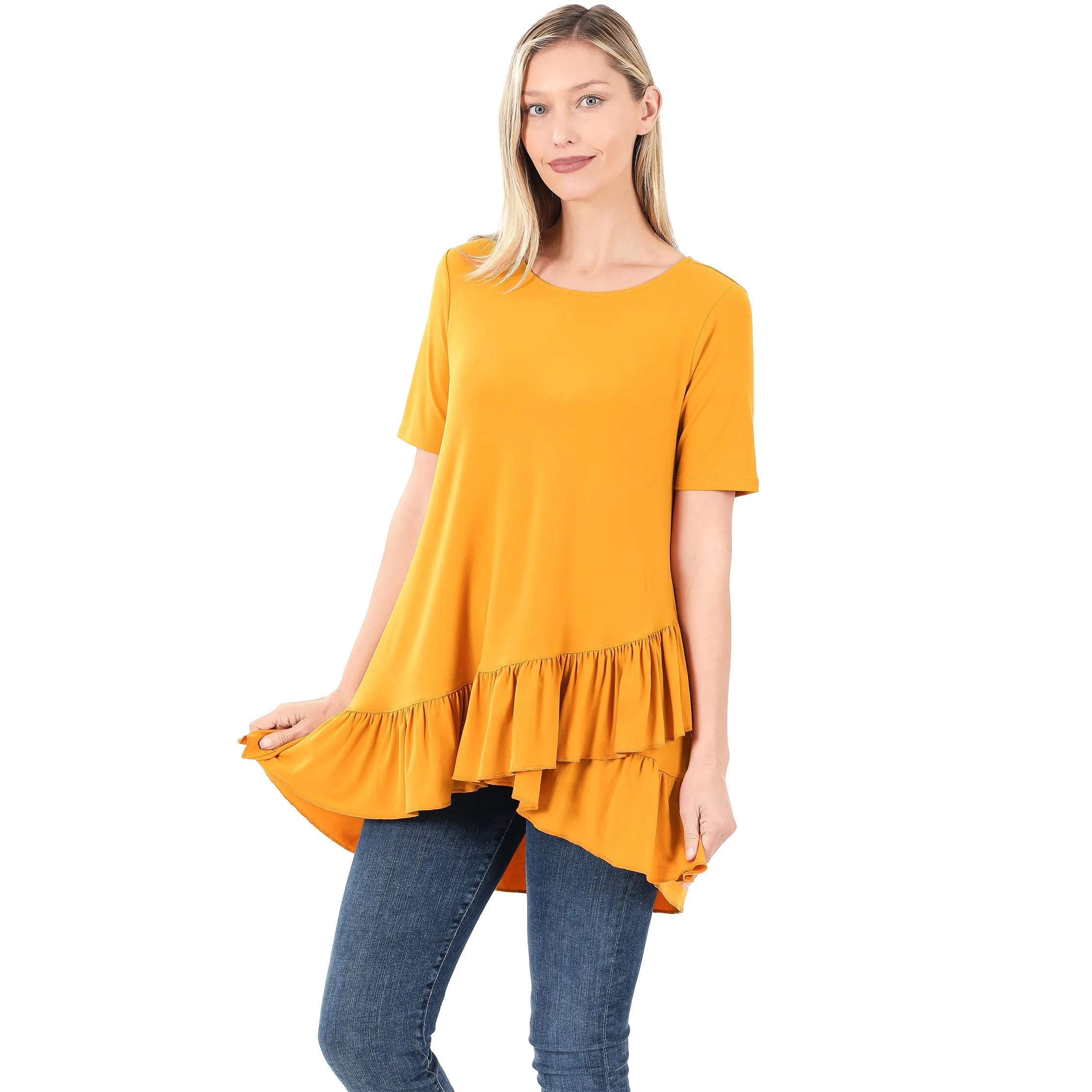 All Ruffled Up Asymmetrical Top in Mustard