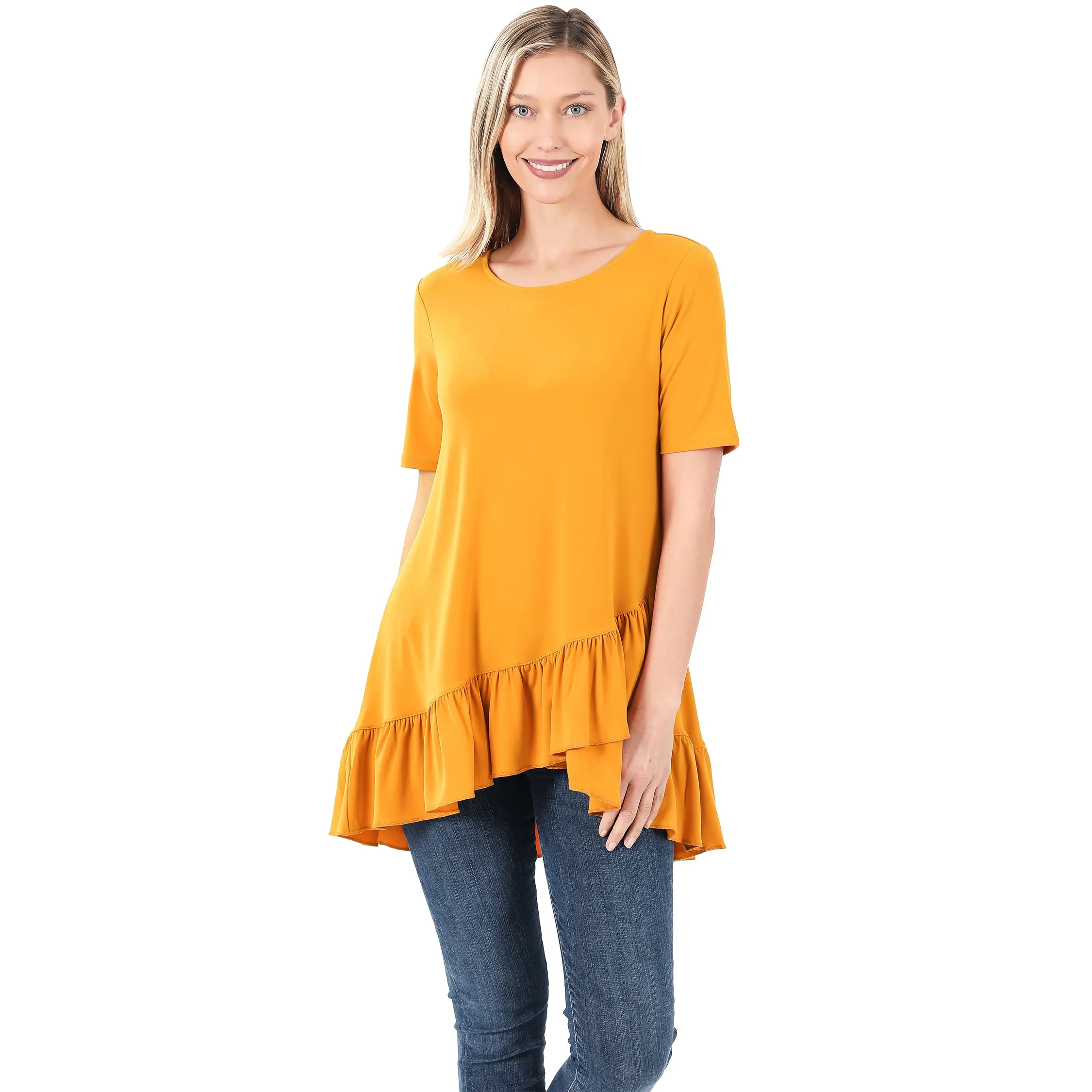 All Ruffled Up Asymmetrical Top in Mustard