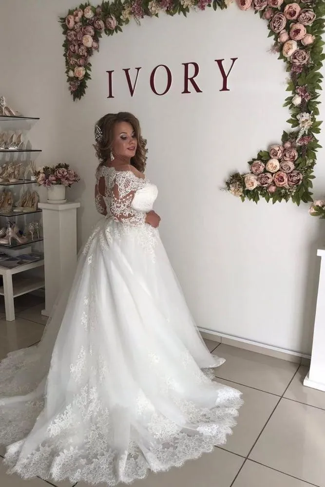 AmazingOff the shoulder Long Sleevess Lace Princess Plus size wedding dress