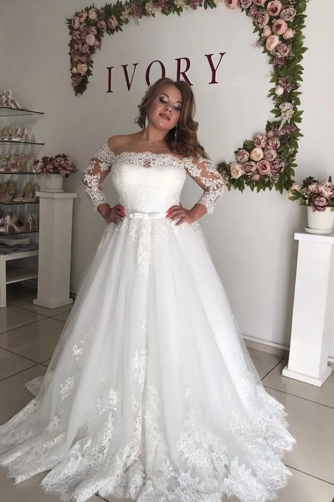 AmazingOff the shoulder Long Sleevess Lace Princess Plus size wedding dress