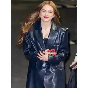 American Actress Sadie Sink Black Leather Coat