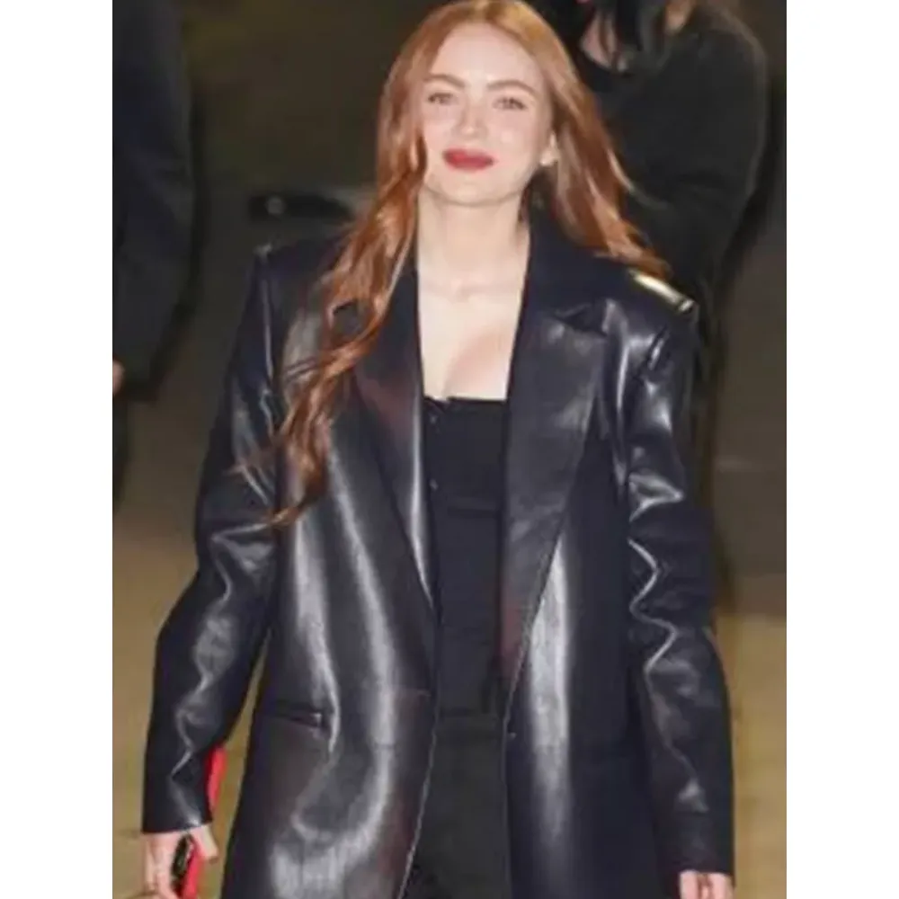 American Actress Sadie Sink Black Leather Coat