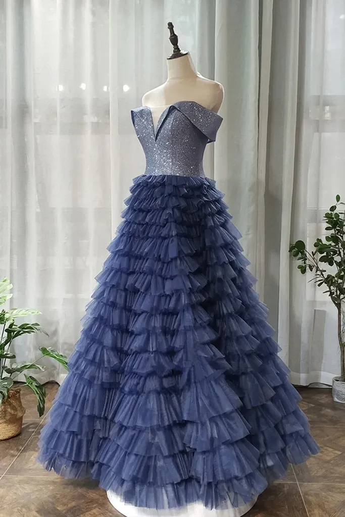 Anneprom A-line Off-the-shoulder Royal Blue Long Prom Dresses Tulle Evening Dress APP0380