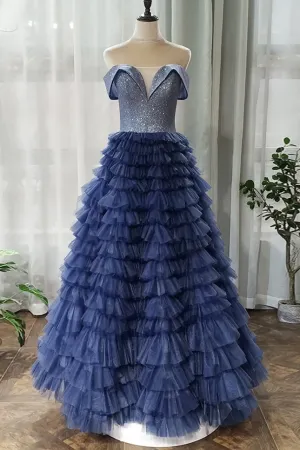 Anneprom A-line Off-the-shoulder Royal Blue Long Prom Dresses Tulle Evening Dress APP0380