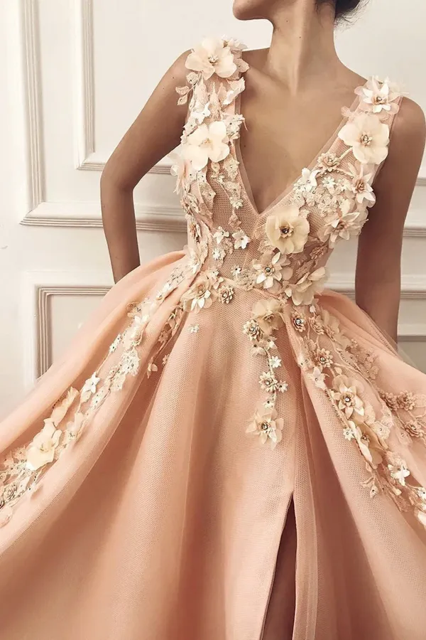 Anneprom A line Pink V Neck Prom Dresses with Slit Lace Appliques Prom Gowns APP0490