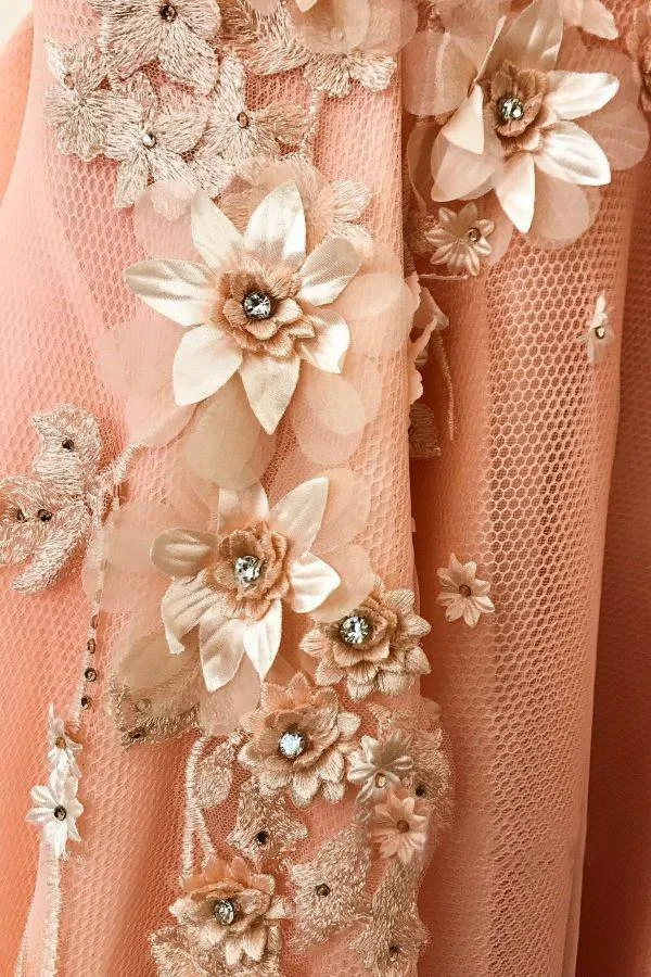 Anneprom A line Pink V Neck Prom Dresses with Slit Lace Appliques Prom Gowns APP0490