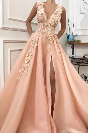 Anneprom A line Pink V Neck Prom Dresses with Slit Lace Appliques Prom Gowns APP0490