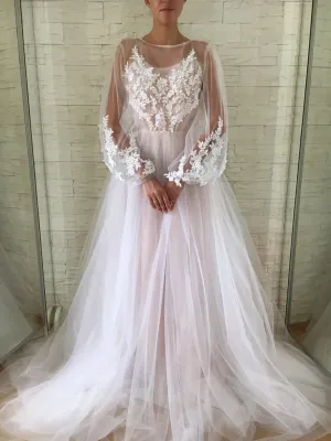 Anneprom A-line Scoop Long Sleeve Wedding Dress Gorgeous Long Formal Dresses APW0278