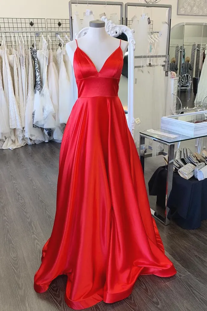 Anneprom A-line Spaghetti Straps Tulle Long Lace  red Prom Dresses APP0438