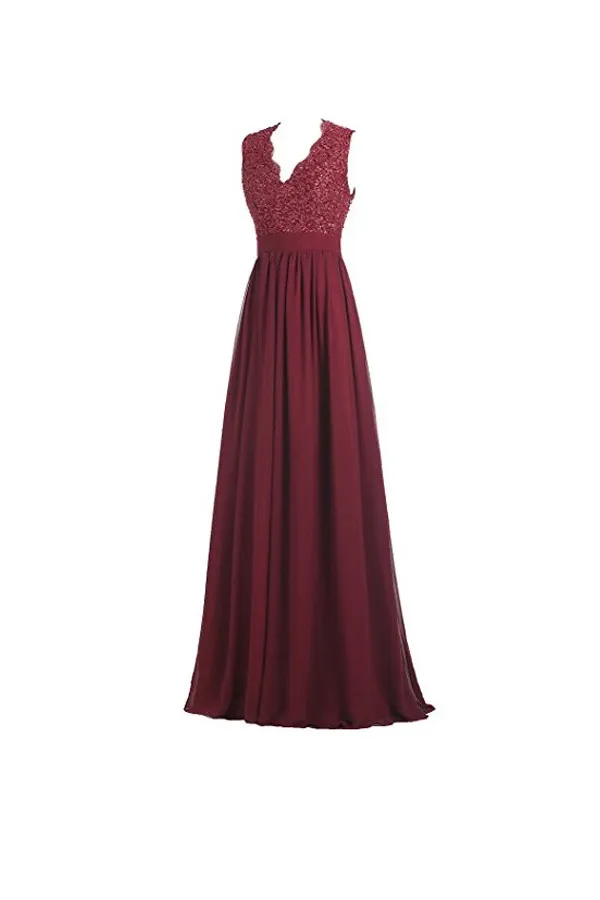Anneprom A-Line V Neck Open Back Chiffon Long Evening Gown With Lace APB0016