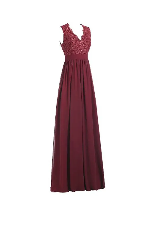 Anneprom A-Line V Neck Open Back Chiffon Long Evening Gown With Lace APB0016