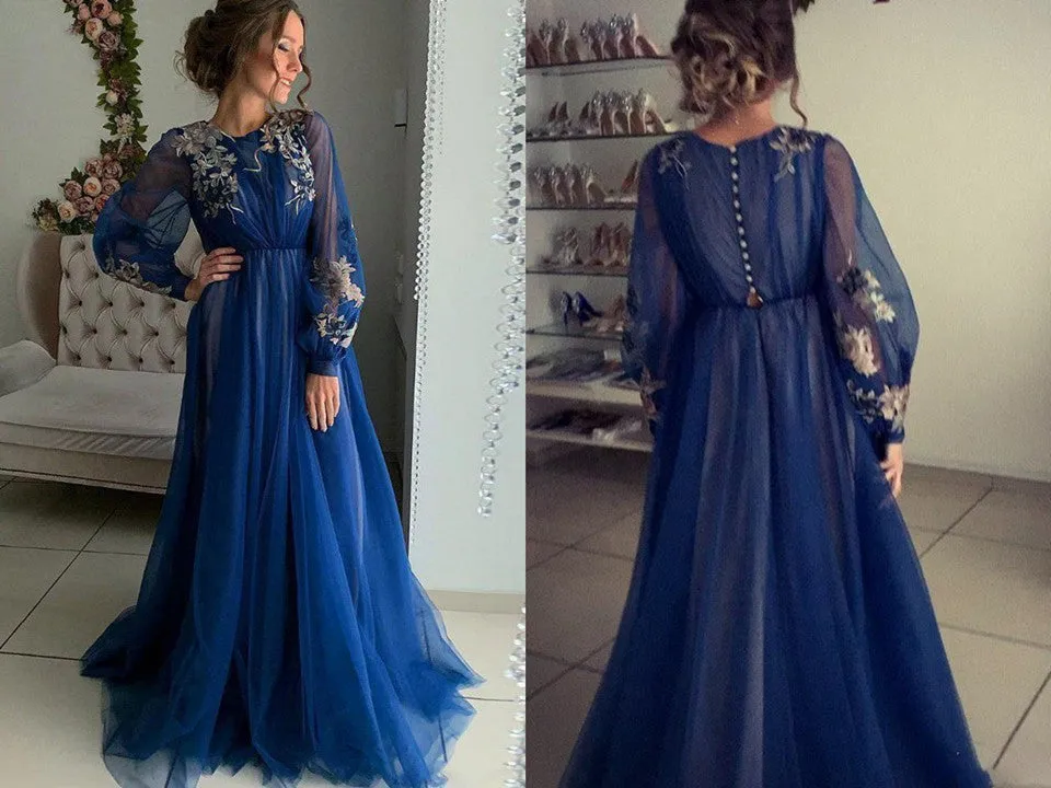 Anneprom Charming A Line Long Sleeve Tulle Appliques Prom Dresses, Long Evening Dresses APP0499