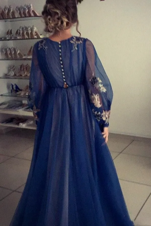 Anneprom Charming A Line Long Sleeve Tulle Appliques Prom Dresses, Long Evening Dresses APP0499