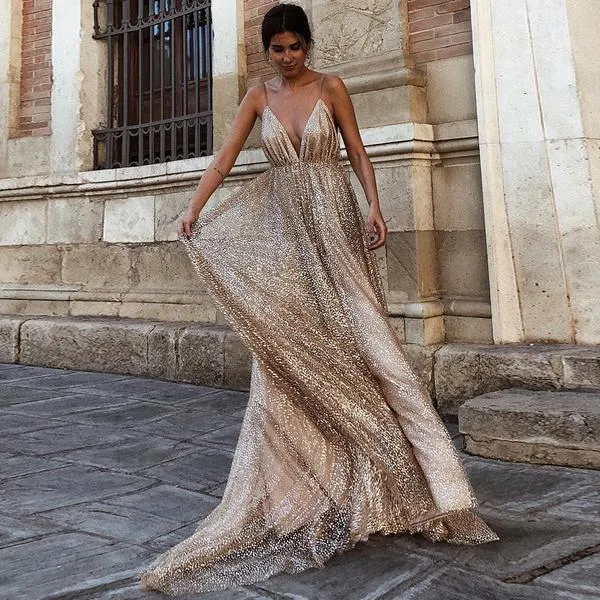 Anneprom Charming A Line V Neck Spaghetti Straps Sequin Long Prom Dress APP0348