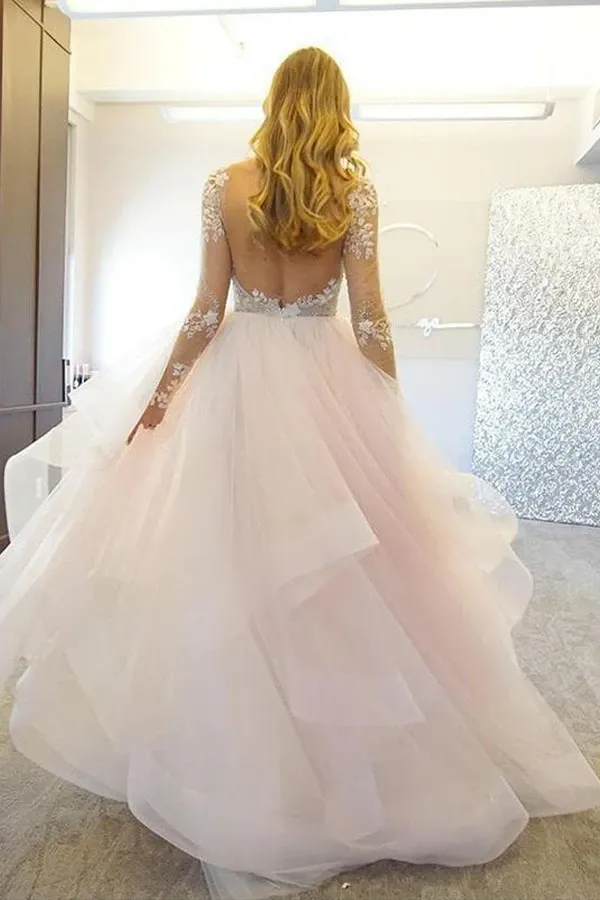 Anneprom Elegant A-Line Long Sleeves Tulle Wedding Dresses With Appliques APP0103