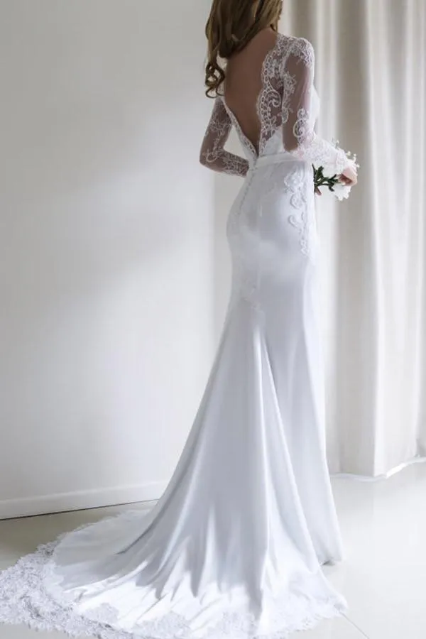 Anneprom Elegant Lace Long Sleeves Mermaid White Long Wedding Dress With Train APW0113