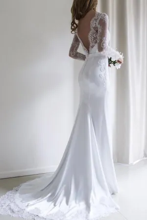 Anneprom Elegant Lace Long Sleeves Mermaid White Long Wedding Dress With Train APW0113