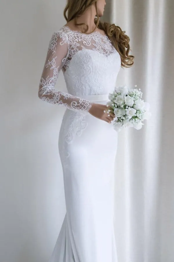 Anneprom Elegant Lace Long Sleeves Mermaid White Long Wedding Dress With Train APW0113