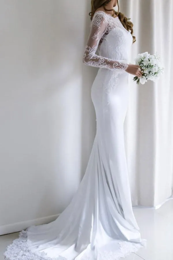 Anneprom Elegant Lace Long Sleeves Mermaid White Long Wedding Dress With Train APW0113