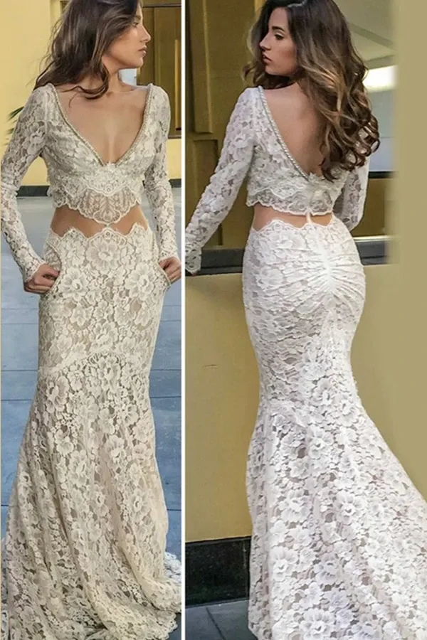 Anneprom Mermaid Deep V-Neck Long Sleeves White Wedding Dress With Pockets APW0212