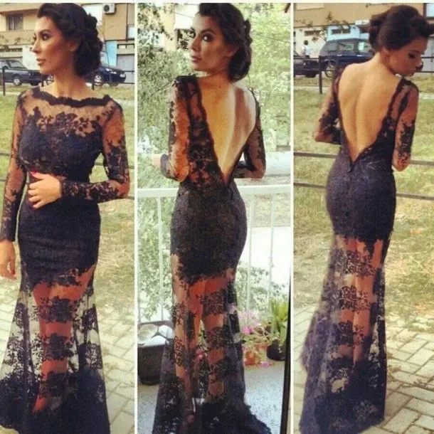 Anneprom Mermaid Lace Long Sleeves Open Back Prom Dresses Evening Gowns APP0089