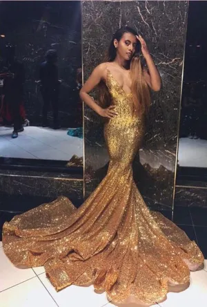 Anneprom Mermaid V neck Prom Dresses Gold Sparkly Long Prom Dress Evening Dress APP0393