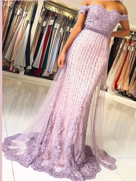 Anneprom Off-the-Shoulder Beading Prom Dresses Lilac Unique Long Evening Dress Prom Dress APP0392