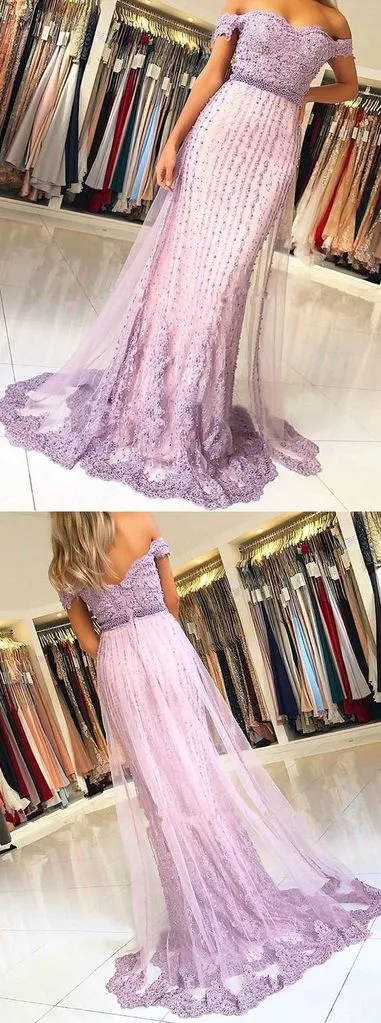 Anneprom Off-the-Shoulder Beading Prom Dresses Lilac Unique Long Evening Dress Prom Dress APP0392