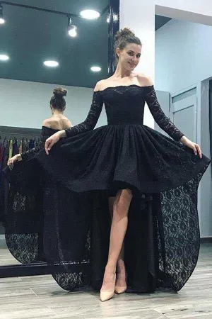 Anneprom Off-The-Shoulder High Low Pink Long Sleeves Lace Prom Dress APP0246