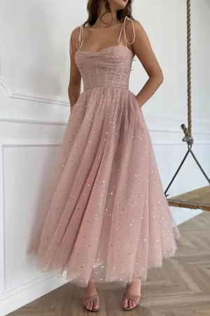 Anneprom Straps Tea Length Pink Prom Dresses Tulle Homecoming Dresses APH0172