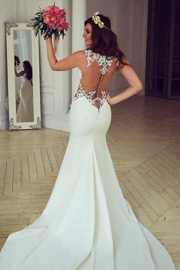 Anneprom Stunning Mermaid Sleeveless Lace Wedding Dress Zipper Button APW0047