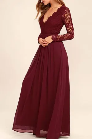 Anneprom V-Neck Long Sleevs Dark Burgundy Lace Chiffon Prom Dress Evening Dress APP0161