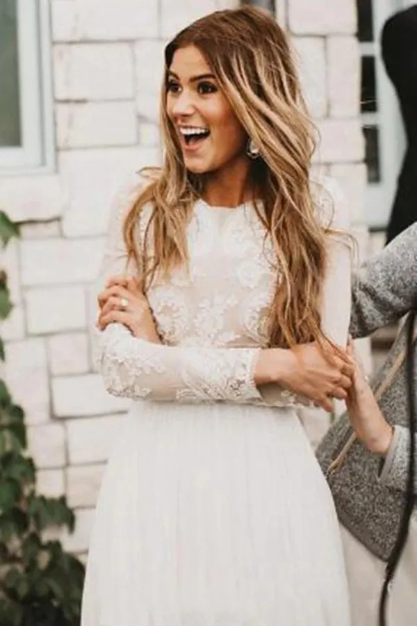 Anneprom Vintage Long Sleeve Ivory Lace Chiffon Scoop Wedding Dresses Country Wedding Gowns APW0376